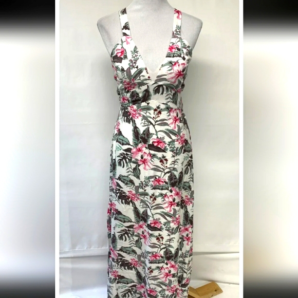 sim & sam Dresses & Skirts - Sim & Sam Womens XS Pink Grey Green Tropical Smocked Lined Maxi Dress